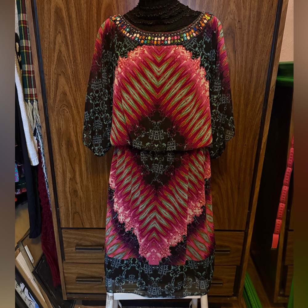 London Times Boho beaded neckline midi dress